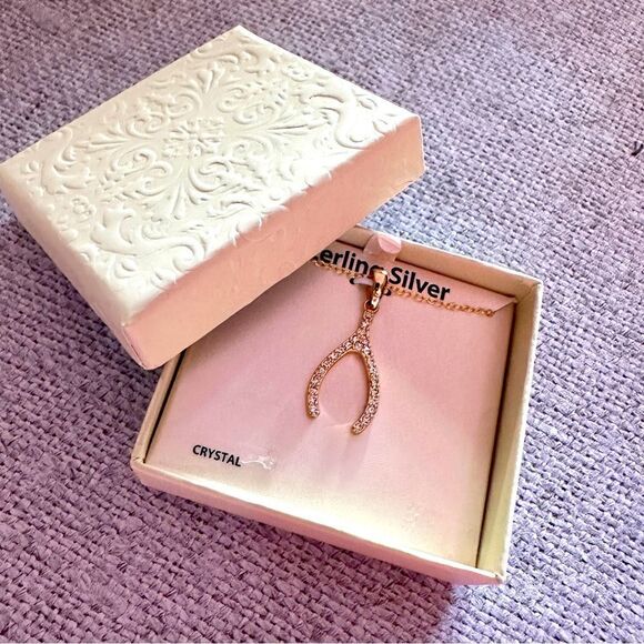 Wishbone Sterling Silver Gold Plated CZ Necklace - Picture 1 of 4